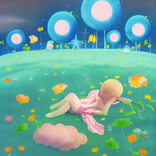 Prompt: poor child dreaming they are in a better place, digital art, inspired by chiho aoshima