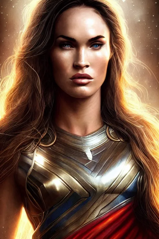 Image similar to Majestic and regal portrait of Megan fox female Thor, Marvel universe, Perfect face, beautiful, intricate, epic, elegant, menacing, fantasy, highly detailed, digital painting, hard focus, beautiful volumetric lighting, epic light, ultra detailed, by Leesha Hannigan, Ross Tran, Thierry Doizon, Kai Carpenter, Ignacio Fernández Ríos