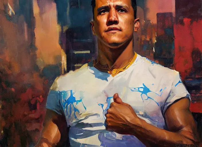 Image similar to a highly detailed beautiful portrait of alexis sanchez cyberpunk, by gregory manchess, james gurney, james jean