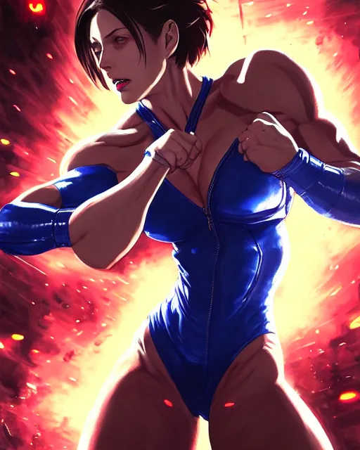 Image similar to gigachad jill valentine bodybuilder jumping in front of a atomic blast fighting wearing a suit in the fight club city, fantasy character portrait, ultra realistic, anime key visual, full body concept art, intricate details, highly detailed by greg rutkowski, ilya kuvshinov, gaston bussiere, craig mullins, simon bisley