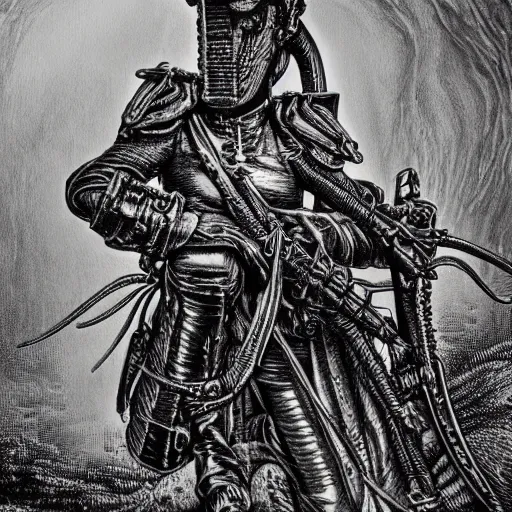 Prompt: Napoleonic Infantry, intricate artwork by Alan Moore, HR Giger, eldritch horror, lovecraft, hyperrealism, high detail, black and white, high contrast, depth of field