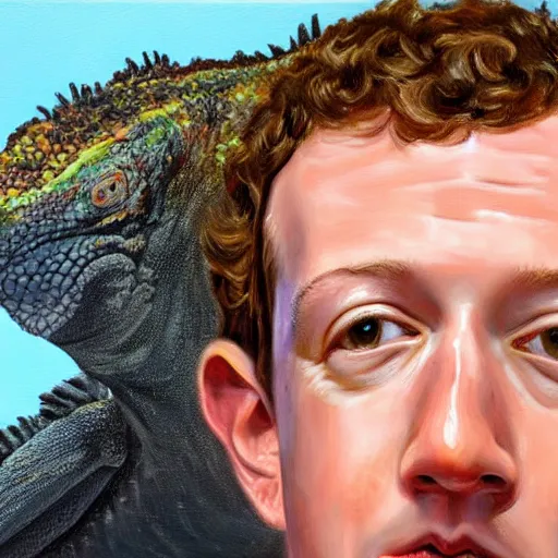 Prompt: oil painting of mark zuckerberg eating a marine iguana