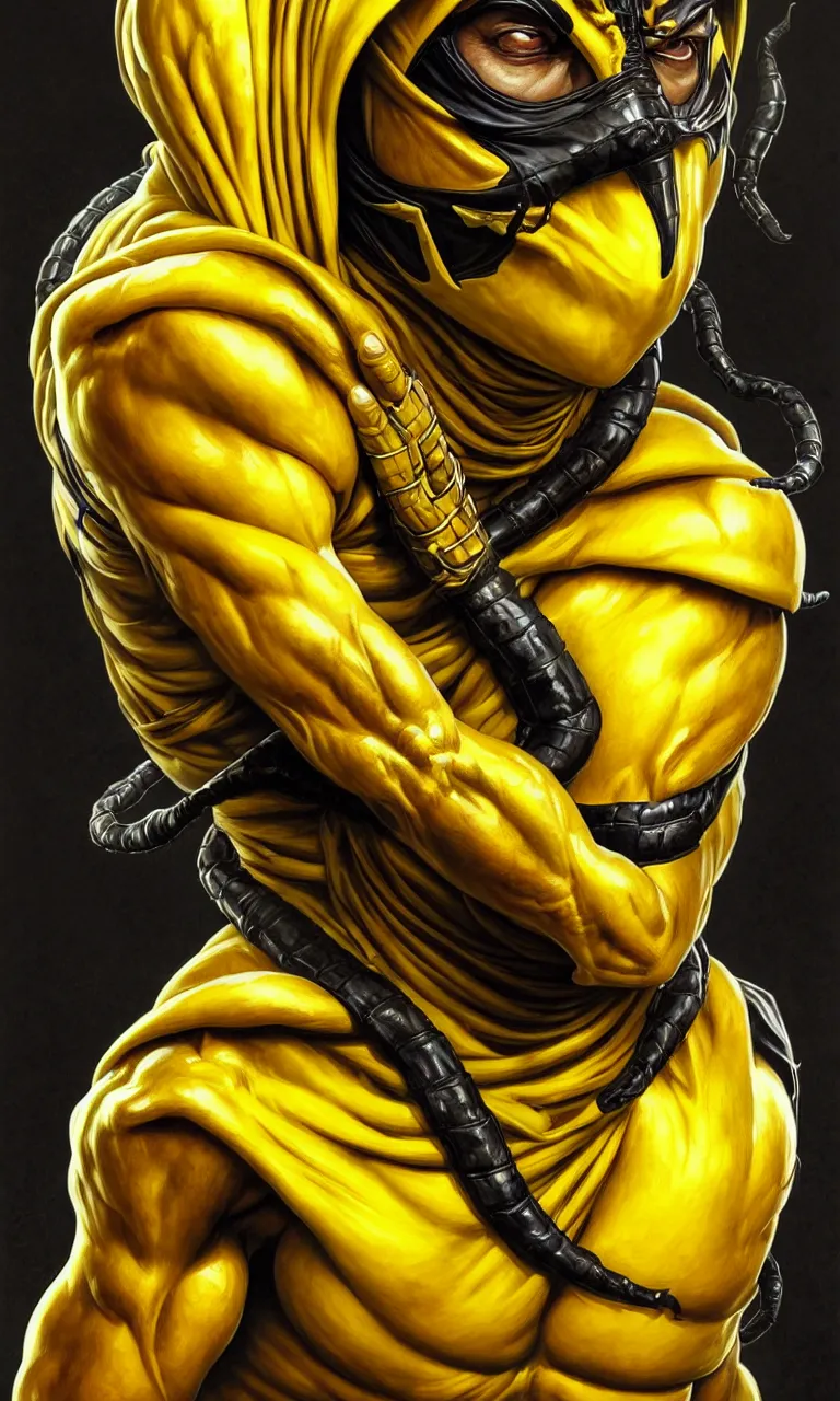 Image similar to hyper realistic full body portrait of scorpion from mortal kombat, mk ninja character, yellow ninja mask, tight yellow ninja suit, by lee bermejo, alphonse mucha and greg rutkowski