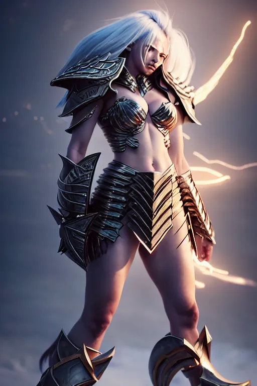 Image similar to sakimi chan, battle armor, detailed face, white skin, dramatic lighting, tony sart, unreal engine, wind, lightning