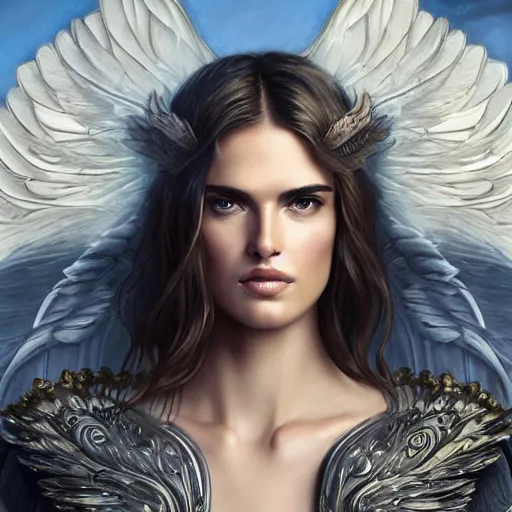 Prompt: portrait of young aasimar angel girl maiden wearing comfy leather armor with beautiful feathered angel wings, Alessandra Ambrosio, innocent, intricate, elegant, highly detailed, digital painting, artstation, concept art, smooth, sharp focus, illustration, art by artgerm and greg rutkowski and alphonse mucha