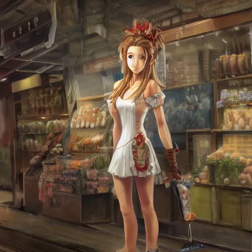 Image similar to concept art of aerith gainsborough in wall market of don corneo, highly detailed, trending on artstation