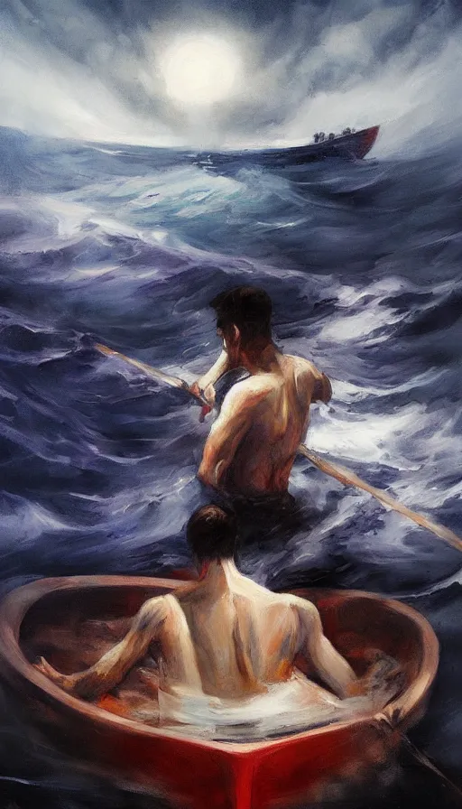 Image similar to man on boat crossing a body of water in hell with creatures in the water, sea of souls, by emilia wilk