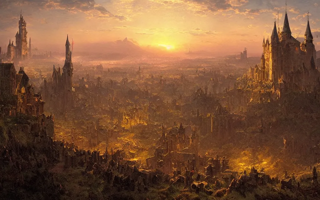 Prompt: large sprawling medieval city, steampunk, sunset in the distance, distant castle on a hill, cinematic lighting, intricate ink illustration, by albert bierstadt