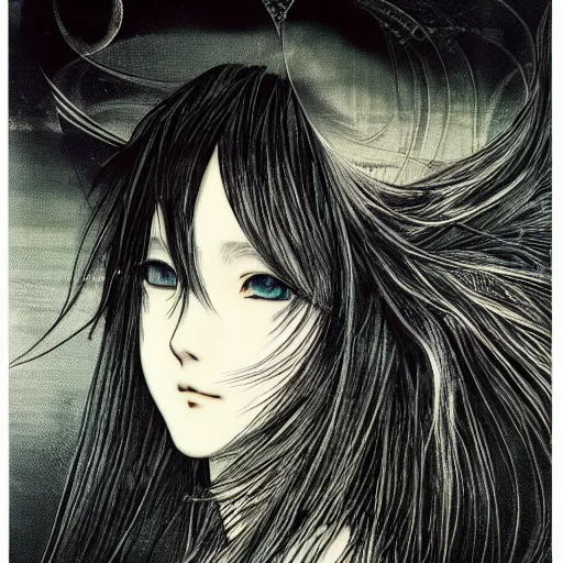 Image similar to yoshitaka amano blurred and dreamy illustration of an anime girl with black eyes, wavy white hair fluttering in the wind wearing elden ring armor and engraving, abstract black and white patterns on the background, noisy film grain effect, highly detailed, renaissance oil painting, weird portrait angle, blurred lost edges, three quarter view, blue and white color palette