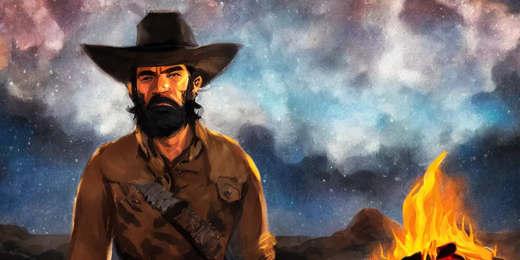 Prompt: close up portrait of rugged bandit cialien murphy ( ( alone ) ) in the old west, handcuffed by shackles at a campfire volumetric lighting, cinematic, dark, grim, digital painting, starry sky, in the style of studio ghibli