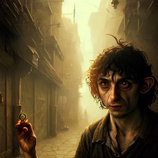 Image similar to Drug addict hobbit with crazy eyes smoking in a dark alley, ultra realistic, concept art, intricate details, dark, highly detailed, photorealistic, octane render, 8k, unreal engine, art by artgerm and greg rutkowski and alphonse mucha