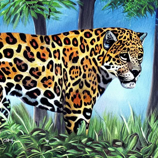 Image similar to painting of a jaguar in the wilderness, realistic, digital art