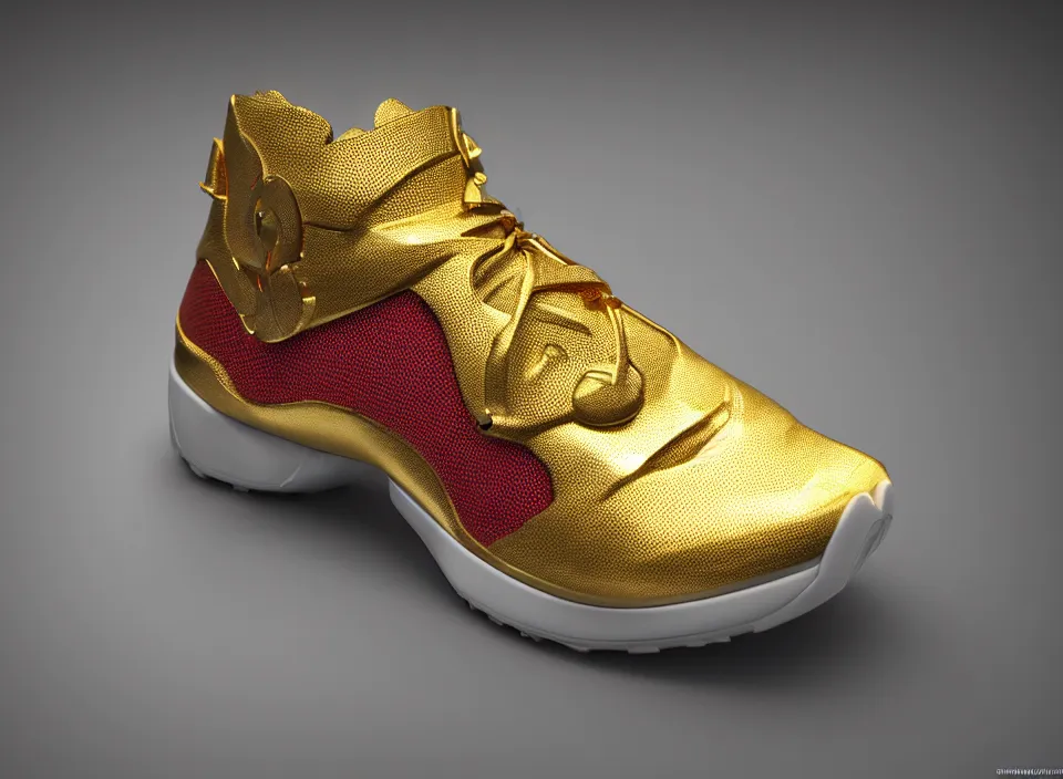 Prompt: realistic 3 d render of a futuristic sneaker, beautiful studio lighting, soft, sharp focus, neon cyberpunk highlights, intricate detail, gold and red leather, soft white rubber, shiny plastic, hexagon mesh, gold filigree, octane render, side view, close up, trending on artstation, deviantart, nike, adidas, reebok, salomon