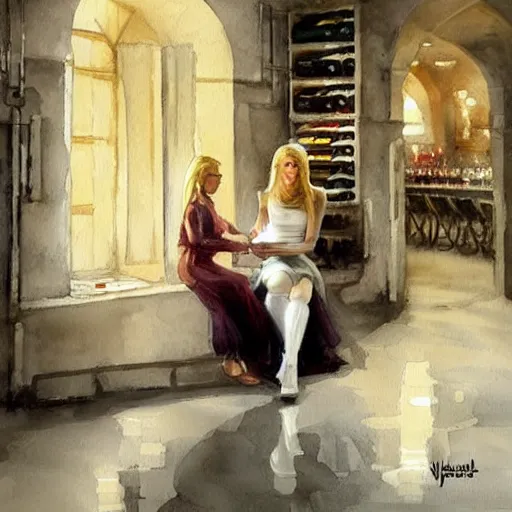 Image similar to stormtrooper and hot blonde drinking wine in a cellar, romantic, cozy, inviting, detailed, beautiful, atmospheric, impressionism, watercolor by vladimir volegov