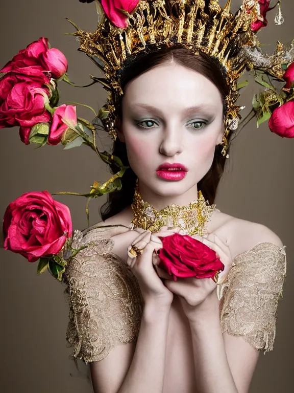 Image similar to a 65mm fashion headshot portrait of a catholic veiled Princess who has rococo dramatic headdress with roses,by Annie Stegg and Jovana Rikalo and VICTOR NIZOVTSEV and Nekro and Billelis, GUCCI,DIOR,avian-inspired,beaded embroidery,trending on pinterest,hyperreal,Kintsukuroi,gold,maximalist