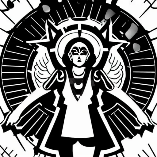 Prompt: svg vector sticker of absolutely divine-deity-angel, rocking out, wearing headphones, huge speakers, dancing, rave, DJ, spinning records, digital art, amazing composition, rule-of-thirds, award-winning, trending on artstation, featured on deviantart, uncropped, white-space, far-back, complete-subject