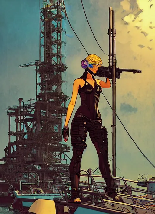 Prompt: cyberpunk beautiful cartel assassin on the skiff. oil rig in the background. portrait illustration, pop art, art by ashley wood, alphonse mucha, laurie greasley and josan gonzalez. cinematic. dynamic lighting. realistic proportions. creative design. cell shading