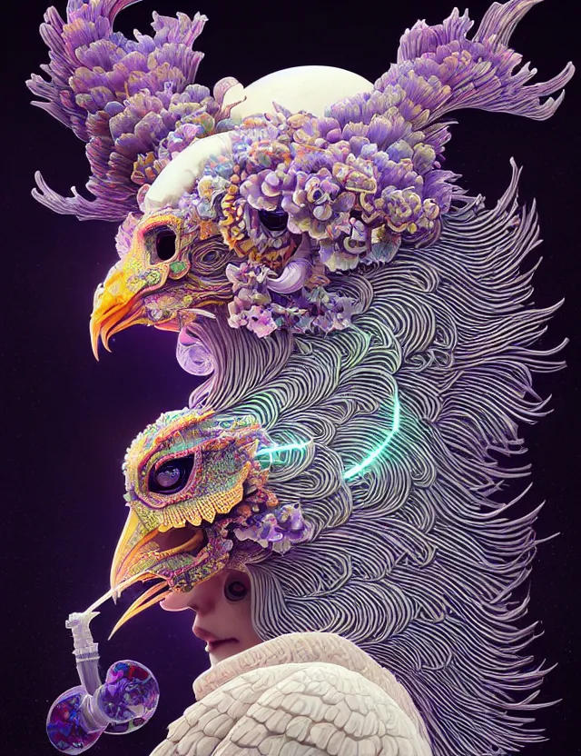 Image similar to 3 d goddess close - up profile solarpunk portrait ram skull. beautiful intricately detailed japanese crow kitsune mask and clasical japanese kimono. betta fish, jellyfish phoenix, bio luminescent, plasma, ice, water, wind, creature, artwork by tooth wu and wlop and beeple and greg rutkowski