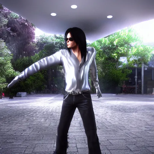 Image similar to Michael Jackson Square Enix 2005 JRPG cinema 4d render, Ray tracing reflection, natural lighting, Unreal Engine award winning photography