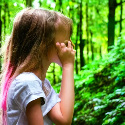 Image similar to a girl looking out over a lush green forest