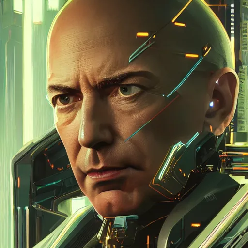 Image similar to front view, imposing, ominous portrait of Jeff Bezos as a cyberpunk 2077 loading screen, symmetry, front view, intricate, studio, art by anthony macbain + greg rutkowski + alphonse mucha, concept art, 4k, sharp focus