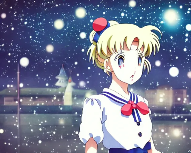 Prompt: anime fine details portrait of joyful school girl sailor moon in front of russian depressive panel house “ khrushchevka ” on the background, very grey color scheme, winter, deep bokeh, close - up, anime masterpiece by studio ghibli. 8 k, sharp high quality classic anime from 2 0 0 0 in style of hayao miyazaki
