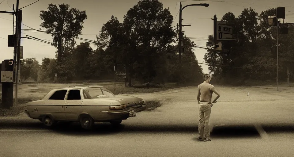 Prompt: a photograph of a car at an intersection with a person standing in its headlights by Gregory Crewdson