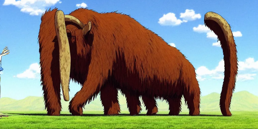 Image similar to a realistic cell - shaded studio ghibli concept art from paprika ( 2 0 0 6 ) of a giant wooly mammoth. very dull colors, wide shot, hd, 4 k, hq