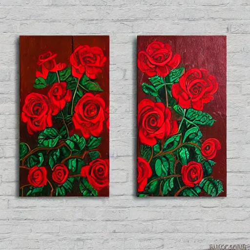 Prompt: a painting of roses and castles, diptych, traditional folk art painting on wood, traditional narrowboat painting on wooden panels