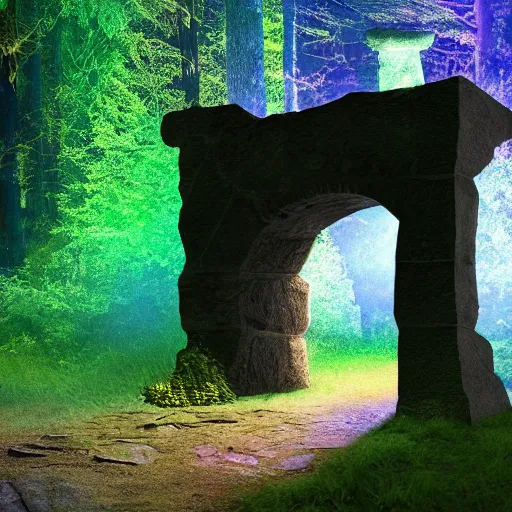 Image similar to a stargate made of stone with embedded blue glowing runes in the middle of a green forest with a beam of light