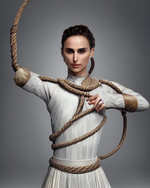 Prompt: nathalie portman as padme amidala wearing a risque outfit made from ropes, half body portrait, greg kutkowski, sharp details, soft lighting, subsurface scattering, pearls of sweat, glistening skin, warm lighting