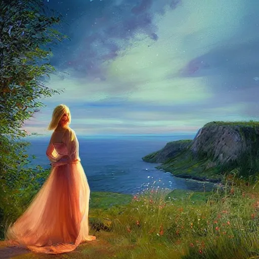 Prompt: blonde woman watching over the swedish countryside, archipelago, night, masterpiece, highly detailed, beautiful, atmospheric, impressionism, painting by Vladimir Volegov