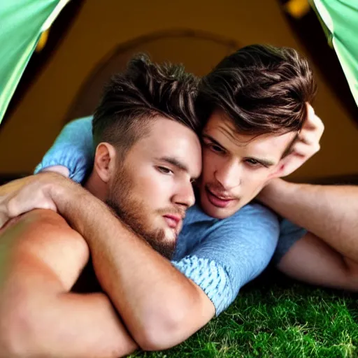 Image similar to two very handsome young men are cuddling in a tent