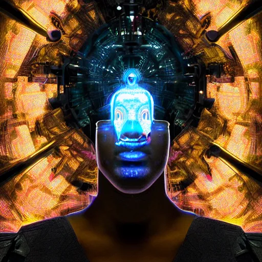 Image similar to symmetry!! a cyberpunk dogon priest opening a steampunk neon portal from within the void, alien cold fusion time machine, by machina infinitum and android jones, surreal psychedelic portrait style, dim lit, rim light, intricate and detailed environment, radiant lighting, fractal with infinite intricacy background, rendered in octane,