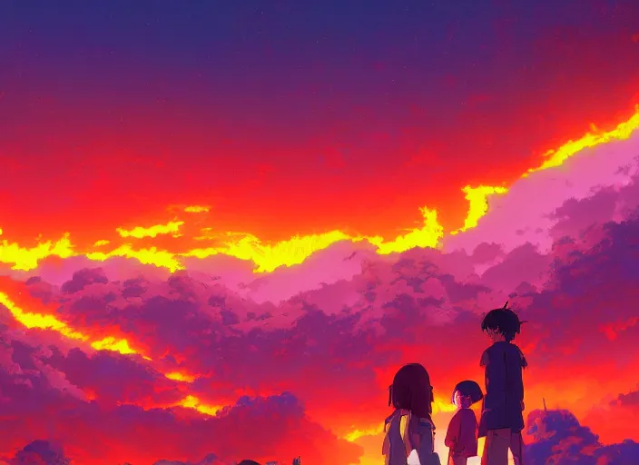 Image similar to a fiery apocalypse to end the human race, 4 k digital paint by studio ghibli hayao miyazaki. vivid colours, vaporwave lighting style, very sharp and detailed. trending on artstation and behance.