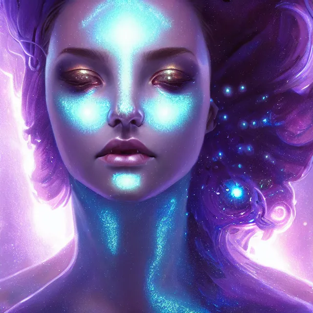 Prompt: close up portrait of beautiful alien space goddess, symmetry!! ethereal glowing otherworldy glittery blue skin, exploding nebula, and flowing glowing hair, subsurface scattering, artistic, art by artgerm, greg rutkowski and alphonse mucha, artstation, octane render,