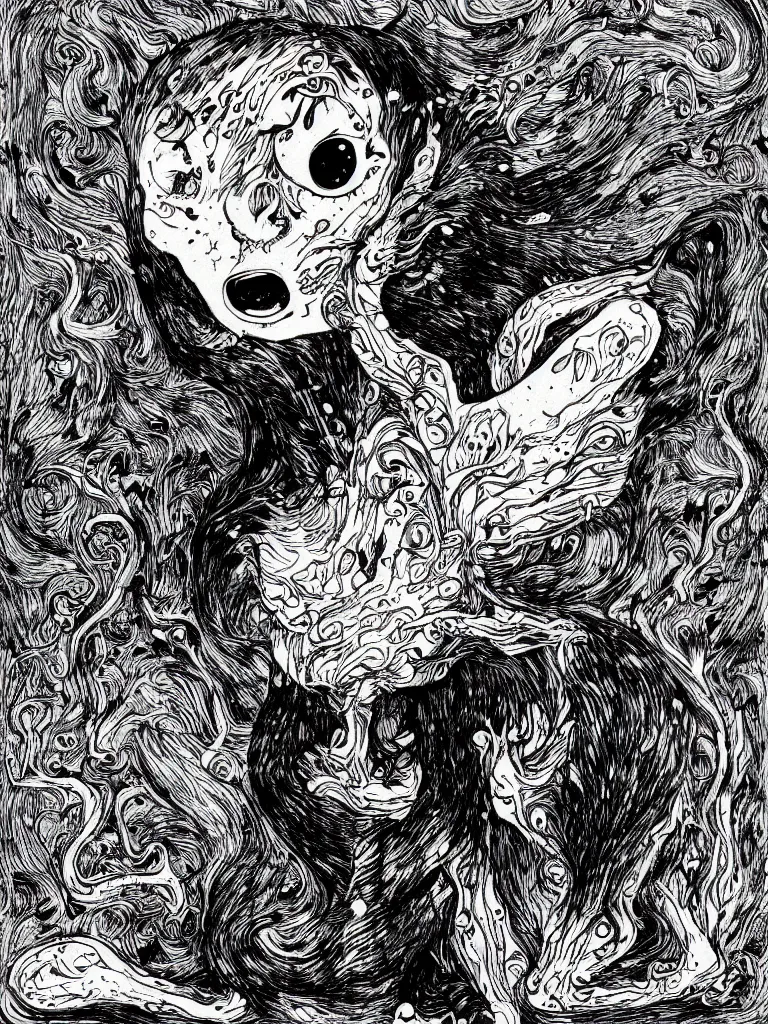 Image similar to black and white illustration creative design junji ito body horror cat