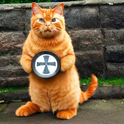 Prompt: a ginger cat called Hercules, holding a sword and shield