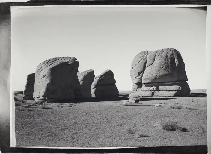 Prompt: View of a monolithic mesa, standing over a grassy desert, with rocks and boulders, albumen silver print, Smithsonian American Art Museum