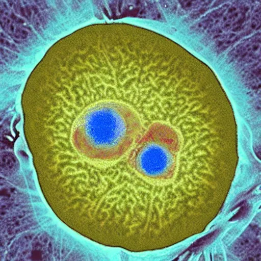 Image similar to a microscopy image showing a cell with a normal nucleus and one cell with an abnormal stained nucleus, confocal miscroscopy, paper, cell journal, cell biology, nature journal, science