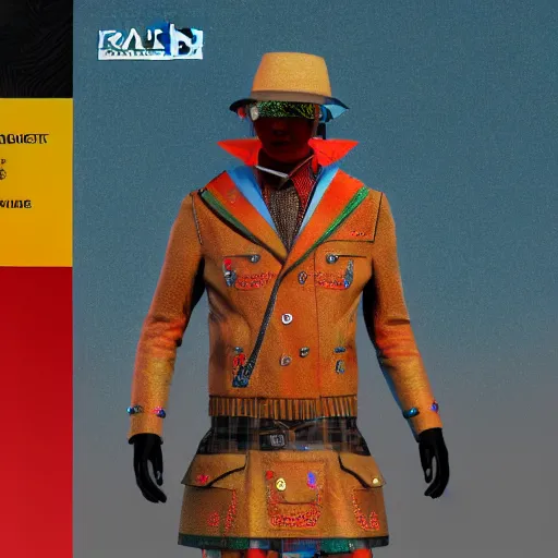 Prompt: a man festival outfit designed by prada, bold, colorful, mid view, very detailed render, very realistic render, elegant render, rendered in unreal engine and cryengine