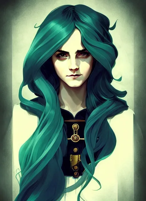 Image similar to style artgerm, joshua middleton, emma watson with green dress, very long blue hair, symmetrical face, symmetrical eyes, steampunk western gunslinger with monocle, cinematic lighting