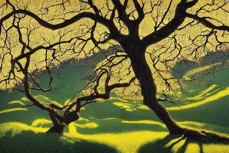 Image similar to masterpiece painting of oak trees on a hillside overlooking a creek, dramatic lighting, by victo ngai