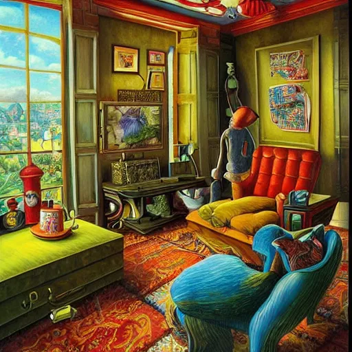 Prompt: a painting of a living room filled with furniture, a surrealist painting by jacek yerka, cgsociety, fantastic realism, surrealist, detailed painting