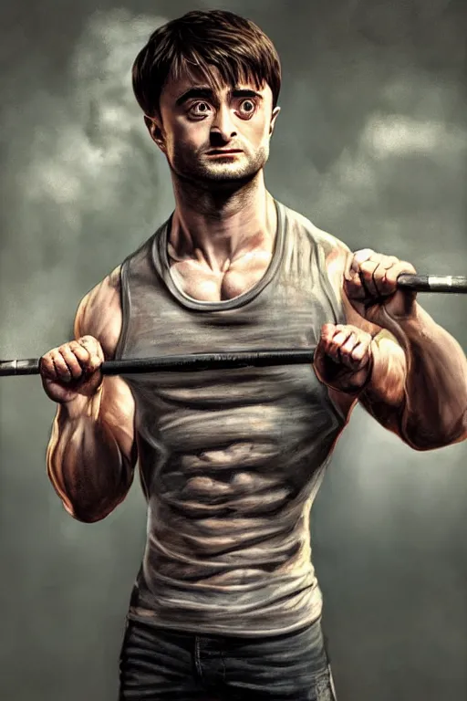 Image similar to highly detailed rendering of Daniel Radcliffe as Harry Potter doing barbell back squats, dingy workout gym, wearing a muscle tee shirt, muscular deep squats, symmetrical, highly detailed, digital painting, artstation, concept art, smooth, sharp focus, illustration, cinematic lighting, art by artgerm and greg rutkowski and alphonse mucha