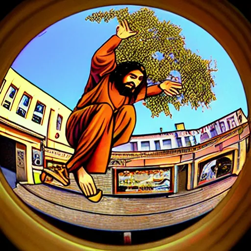 Prompt: fisheye lens, jesus doing a kickflip, skateboarding, 90's, vhs,