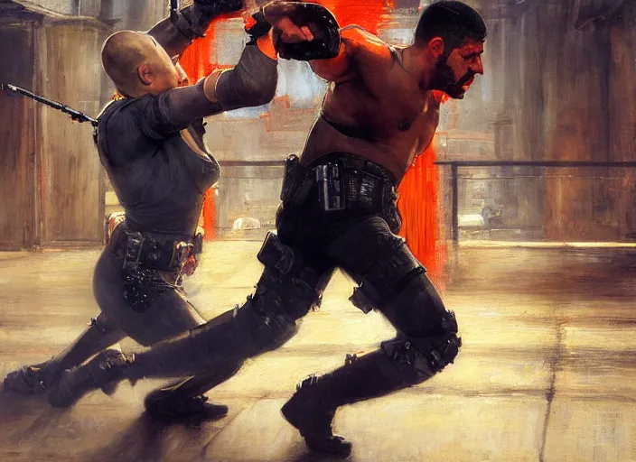 Prompt: Javier fights sgt Nash. Cyberpunk kickboxer in orange jumpsuit fighting menacing police troopers (blade runner 2049). attractive face. Epic painting by john william waterhouse and Edwin Longsden Long and Theodore Ralli and Nasreddine Dinet, oil on canvas. Cinematic, hyper realism, realistic proportions, dramatic lighting, high detail 4k