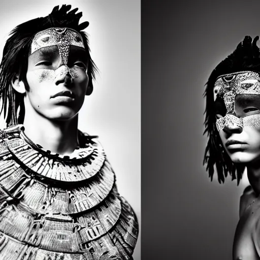 Prompt: a portrait of a beautiful young mayan male wearing an alexander mcqueen armor , photographed by andrew thomas huang, artistic