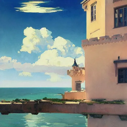 Prompt: castle on sea, moon, DARK SCHEME, by studio ghibli painting,by Joaquin Sorolla rhads Leyendecker, by Ohara Koson and Thomas, cloud.