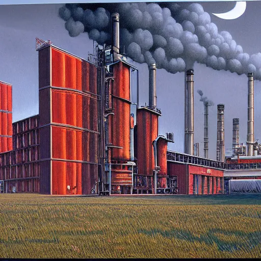 Prompt: a detailed painting of a factory, by peter elson